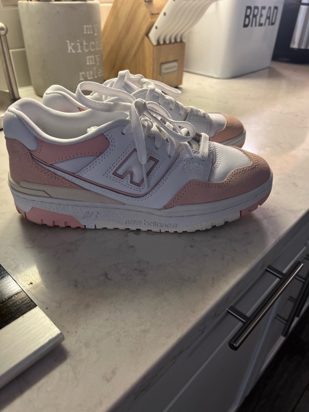 New Balance White and Blush Pink 550 Low-Top Sneakers